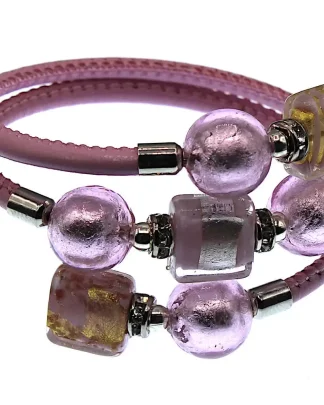 Triple leather wrap bracelet with Murano glass pink and metals beads