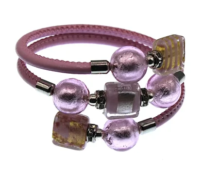 Triple leather wrap bracelet with Murano glass pink and metals beads