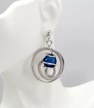 silver circles drop earring with rhodium wrapped wire detail and blue Murano glass bead