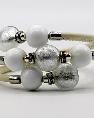 Triple leather wrap bracelet with Murano glass white and silver beads