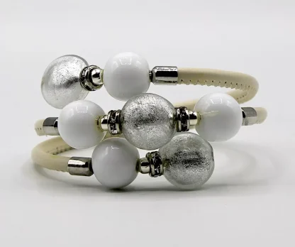 Triple leather wrap bracelet with Murano glass white and silver beads