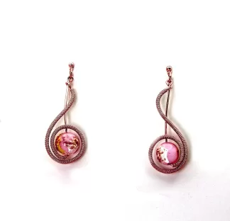 Rose gold tone arabesque shaped long earrings with pinkish Murano glass bead