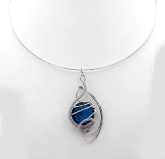 Arabesque shape silver rhodium wire wrapped collar pendant with a blue Murano glass bead