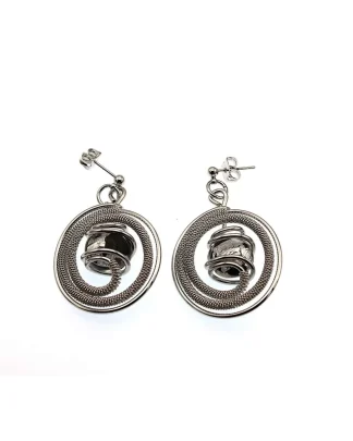 spiral wrapped wire drop earring with silver Murano glass bead