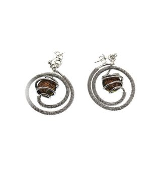 Spiral shaped silver wrapped rhodium earring with copper Murano glass bead