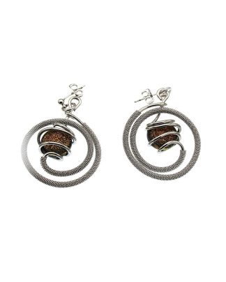 Spiral shaped silver wrapped rhodium earring with copper Murano glass bead
