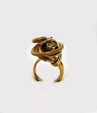 golden swirls mound ring with wire wrapped detail and black and gold Murano glass bead
