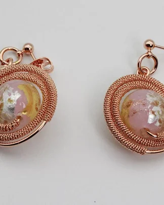 rose gold drop circular drop wire wrapped earrings with pink shine Murano glass bead