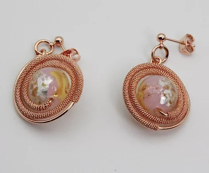 rose gold drop circular drop wire wrapped earrings with pink shine Murano glass bead