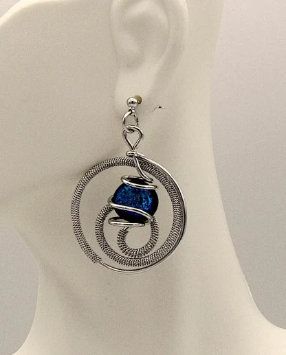 silver spiral drop earring wire wrapped with black and silver Murano bead