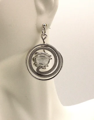 spiral circle drop earrings hand wire wrappedwith silver Murano glass bead
