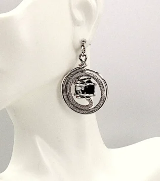 silver spiral drop earring wire wrapped with black and silver Murano bead