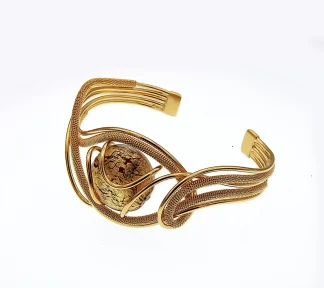 Serpentine shaped cuff bracelet with multi-strands wrapped wire and a gold Murano glass bead