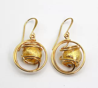 swirling drop gold earrings with gold Murano glass bead