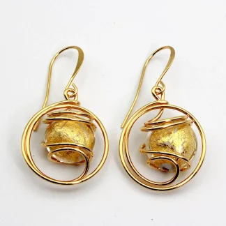swirling drop gold earrings with gold Murano glass bead
