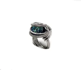 Swirling silver tone rhodim dome ring with aqua Murano glass bead