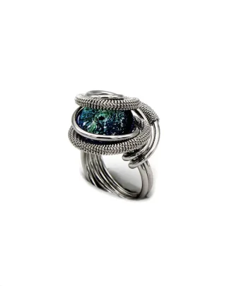 Swirling silver tone rhodim dome ring with aqua Murano glass bead