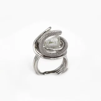 Dome shape ring of hand tooled wire wrapped metal with a silver Murano glass bead at the top