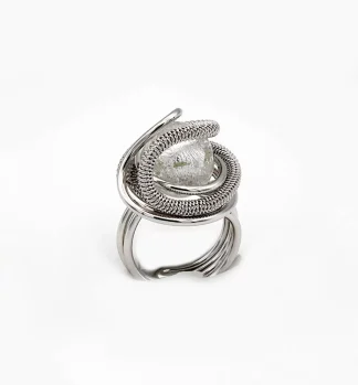 Dome shape ring of hand tooled wire wrapped metal with a silver Murano glass bead at the top