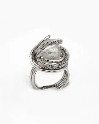 Dome shape ring of hand tooled wire wrapped metal with a silver Murano glass bead at the top