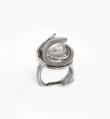 Dome shape ring of hand tooled wire wrapped metal with a silver Murano glass bead at the top