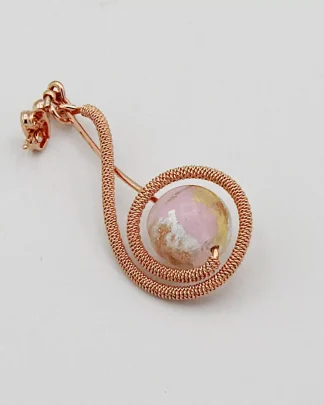 Rose gold tone arabesque shaped long earrings with pinkish Murano glass bead