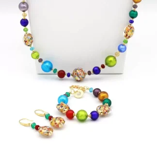 Confetti Murano glass long necklace, earring and bracelet set, multi-color and gold glass beads