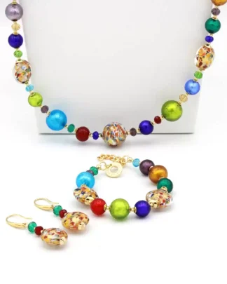 Confetti Murano glass long necklace, earring and bracelet set, multi-color and gold glass beads