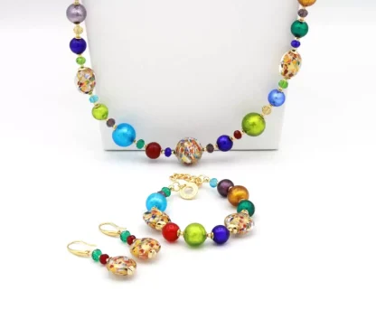 Confetti Murano glass long necklace, earring and bracelet set, multi-color and gold glass beads