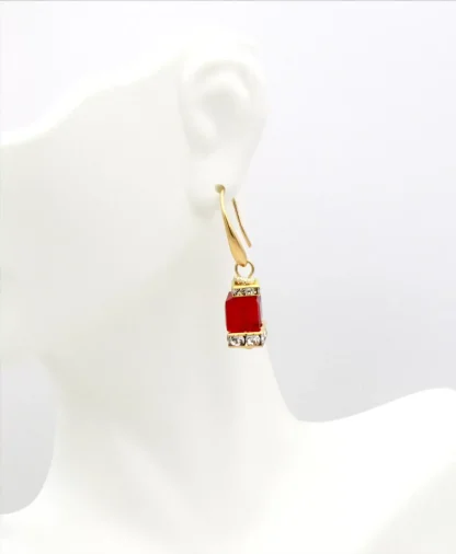 Murano crystal red, gold and bling earring bevel glass 1 1/2 inch long