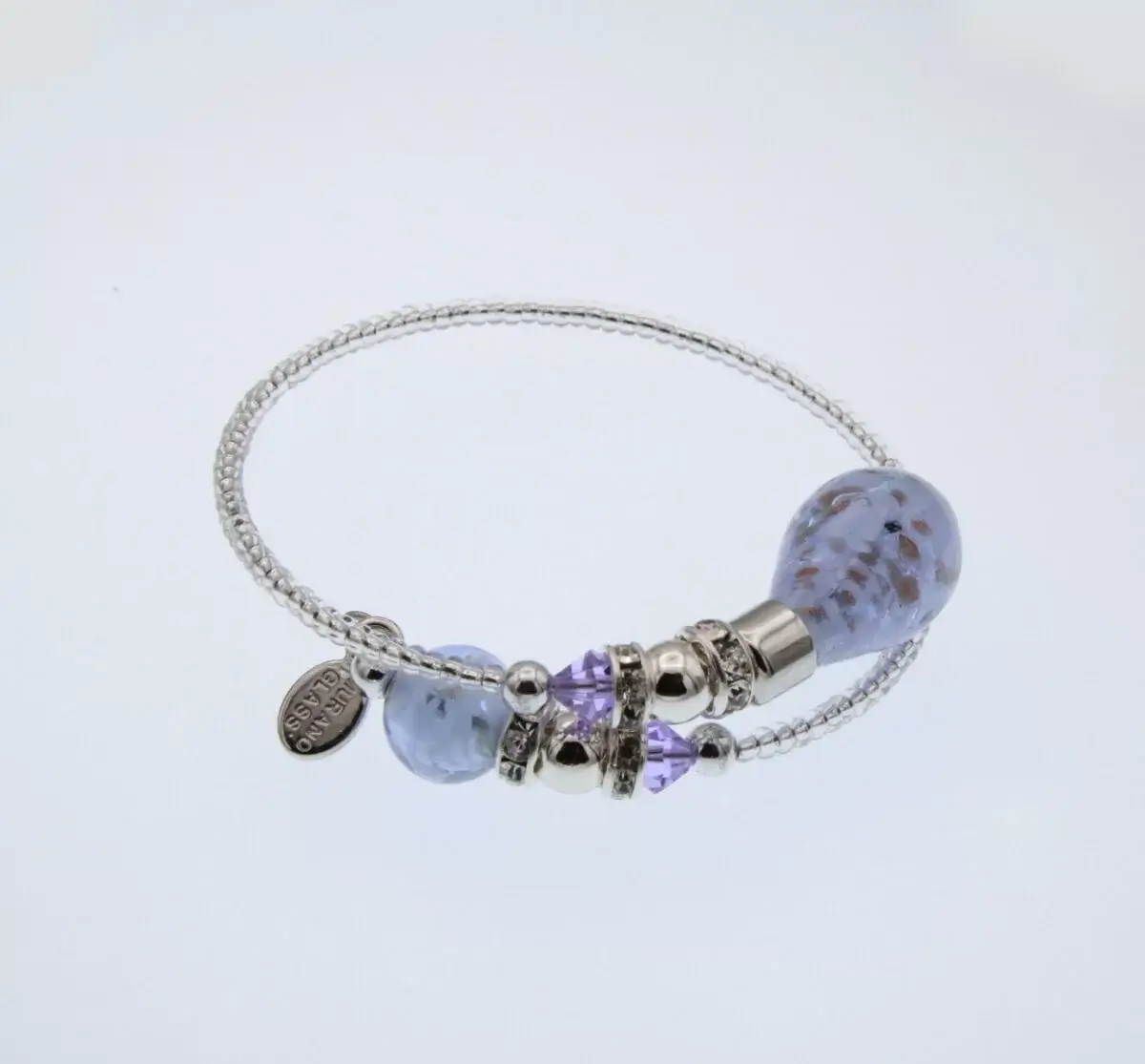 wrap bracelet with glowing lavender large Murano glass beads at its ends, silver seed beads and mini bling add sparkls