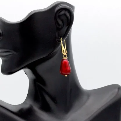 Red Murano glass teardrop earring 1 1/2 inch teardrop shape in gold tone wires