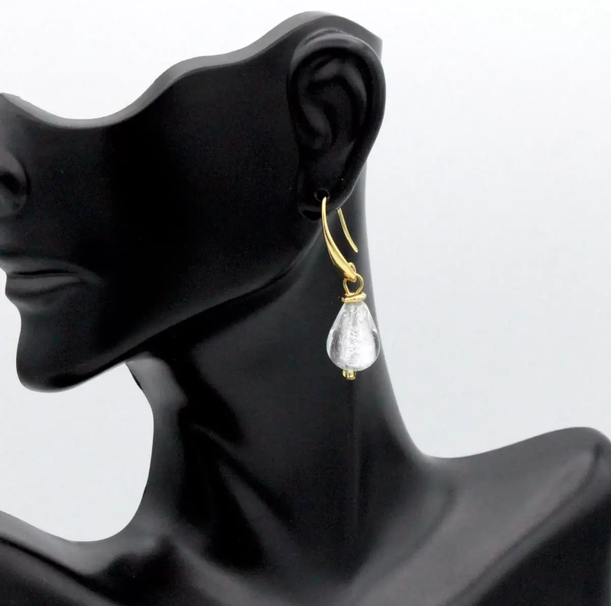 Silver Murano glass teardrop earring 1 1/2 inch teardrop shape in gold tone wires