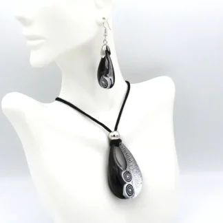 Black and silver teardrop shape Murano glass pendant and earring set