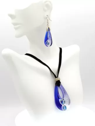 Blue and silver teardrop Murano glass pendant and earrings set