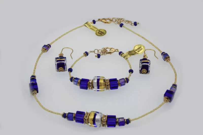 Striking cobalt blue and gold Murano glass necklace, earring and bracelet set
