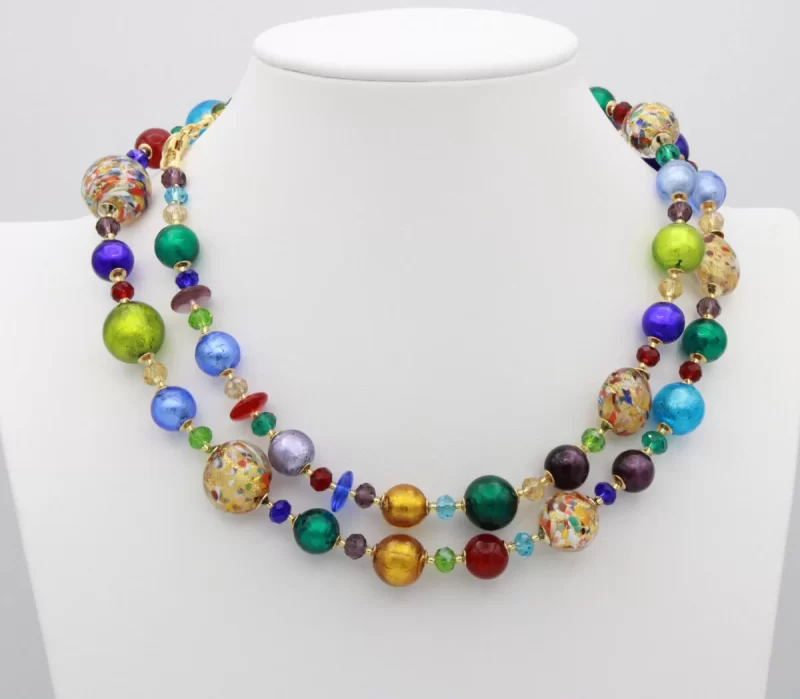 Confetti colors and gold Murano glass bead long necklace doubled as a short one