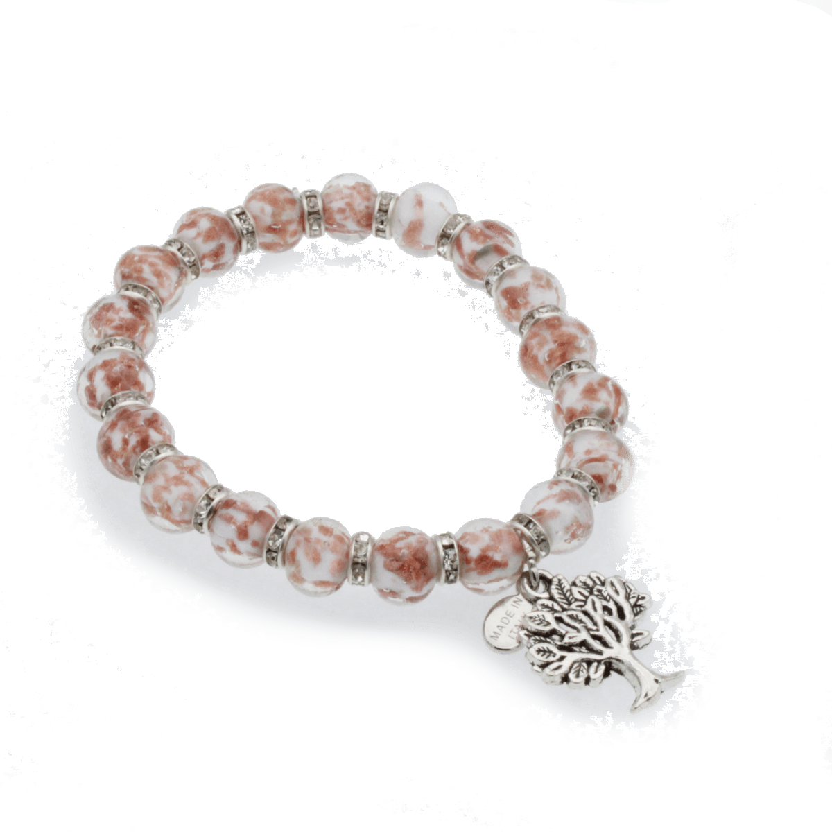 Stretch bracelet cream color Murano glass beads with shining copper infusion and a tree of life silver charm