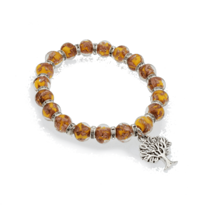 Stretch bracelet mustard color Murano glass beads with shining copper infusion and a tree of life silver charm