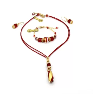Vibrant red and gold Murano glass pendant, bracelet, earring set, double strand necklace with a gold and red twist design dop pendant