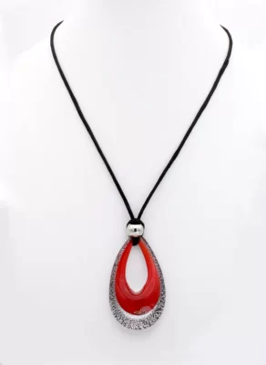 Murano glass tear drop pendant in red and sparkling silver