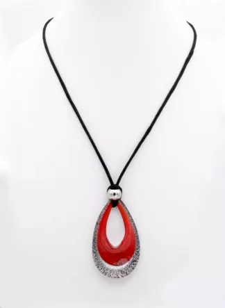 Murano glass tear drop pendant in red and sparkling silver