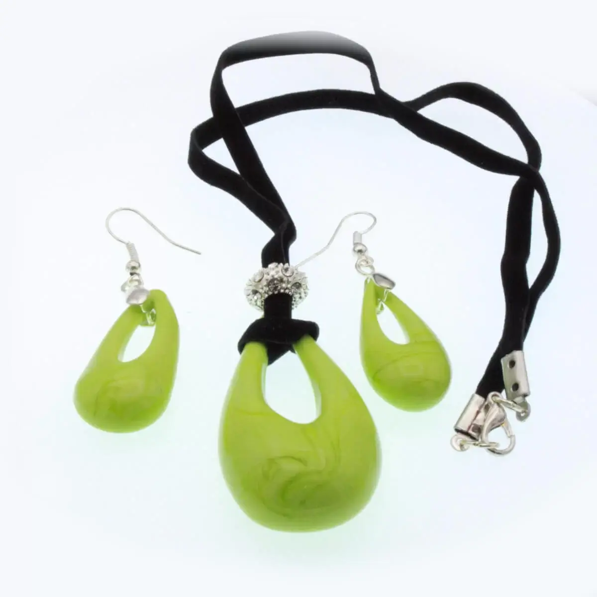 Chartreuse color Murano glass drop pendant with touch of bling on a black velvet cord and matching earrings