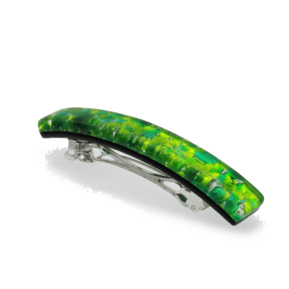 Glistening green tones on gold four inch Murano glass barrette with sturdy hardware for thick hair