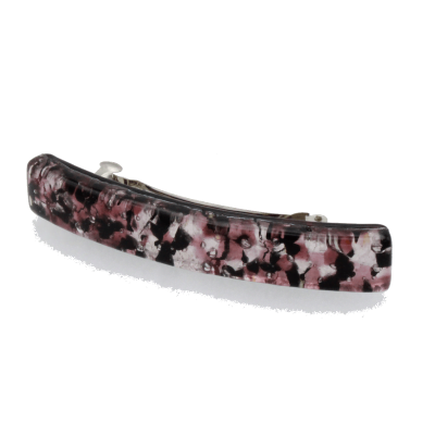 Pink and black speckles on silver four inch Murano glass barrette with sturdy hardware for thick hair