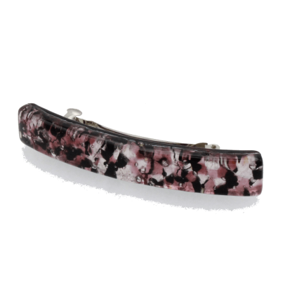 Pink and black speckles on silver four inch Murano glass barrette with sturdy hardware for thick hair