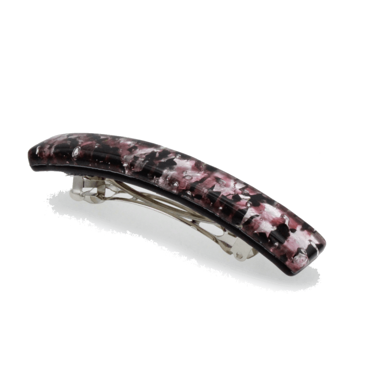 Pink and black speckles on silver four inch Murano glass barrette with sturdy hardware for thick hair