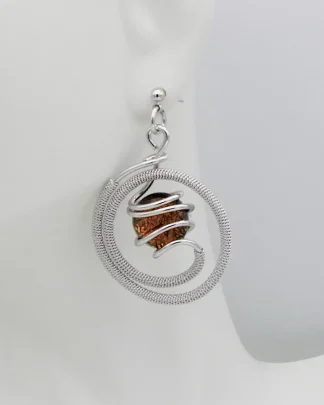 Spriral wrap drop earring with fiery Murano glass on a silver stud