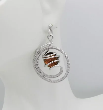 Spriral wrap drop earring with fiery Murano glass on a silver stud