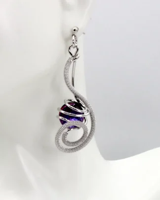 swirl long earring with purple murano bead